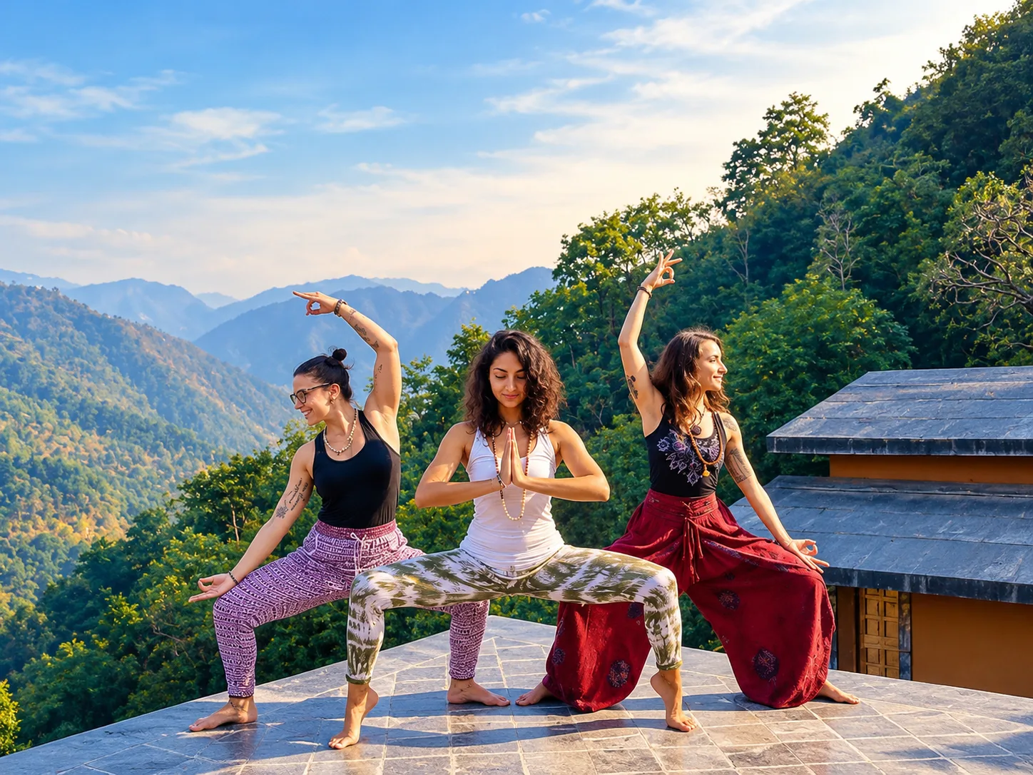 Three yoga practitioners in a standing pose on a rooftop above forested Himalayan hills