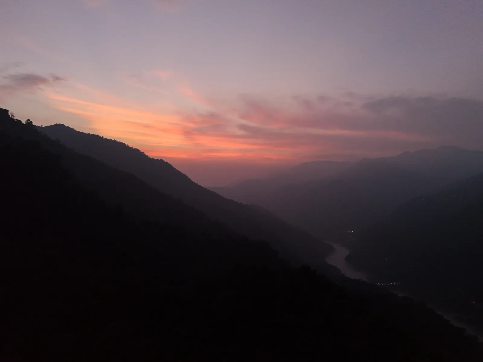 The Ganga valley near Rishikesh at sunset, seen from the air