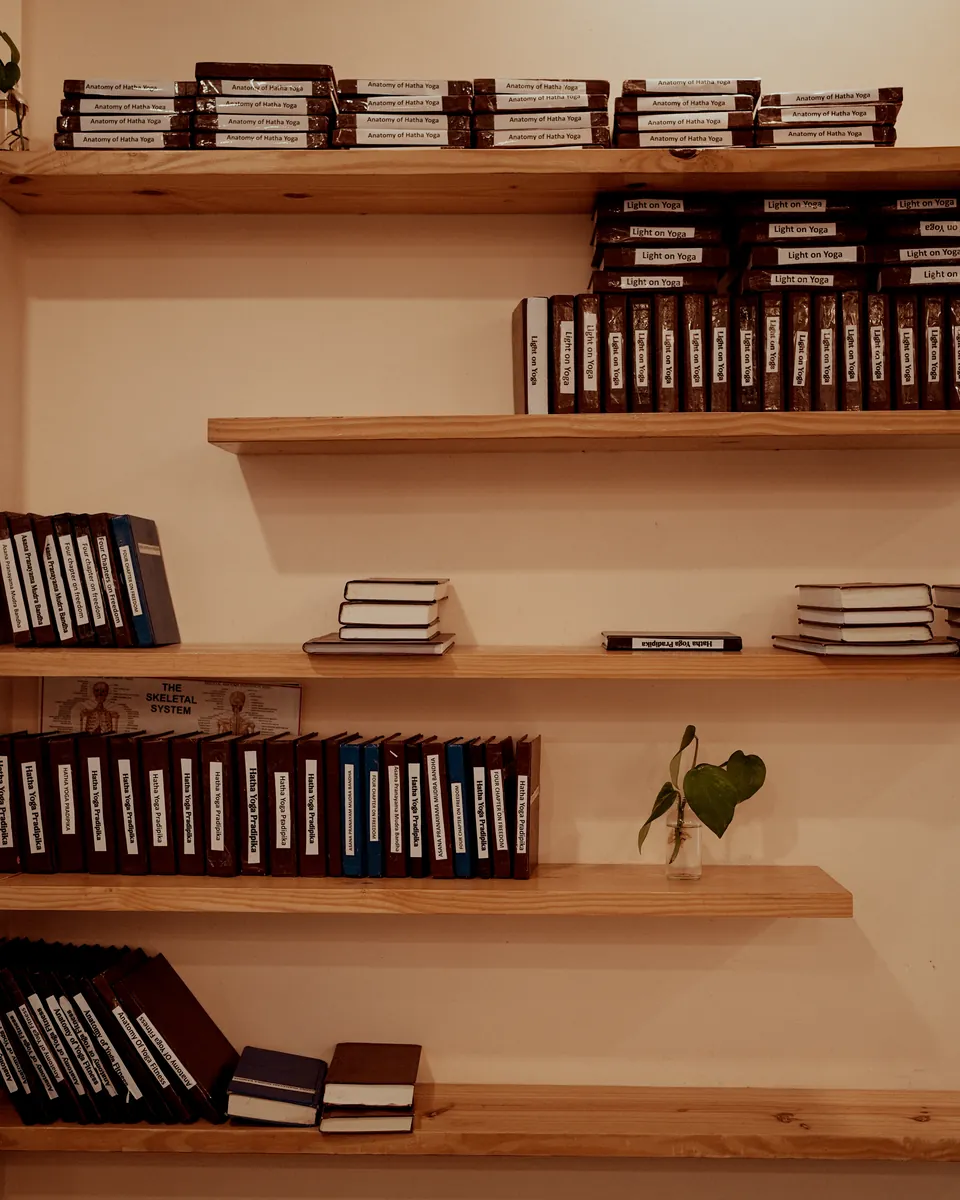 Shelves of bound yoga texts, including Light on Yoga, in the ashram library in Rishikesh