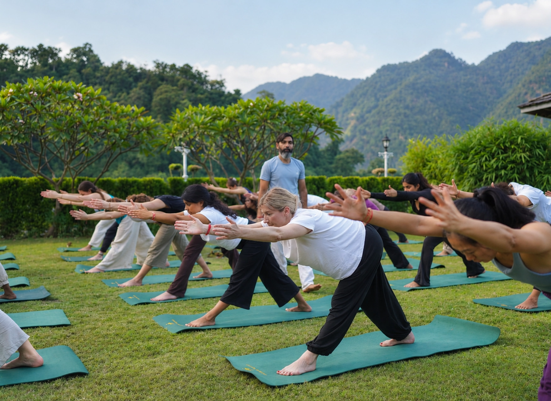 Students in a standing posture on green mats on the lawn at Abhayaranya Yoga Ashram