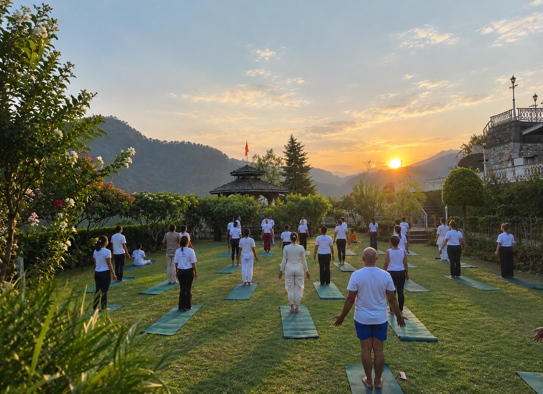 Students practising yoga on the ashram lawn at sunset